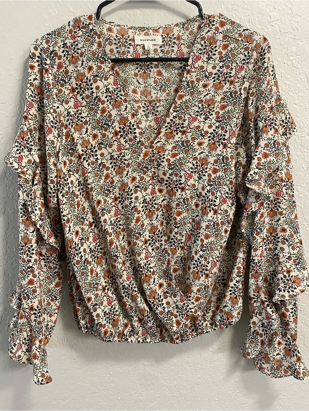 Max Studio Cream Floral V-Neck Ruffle-Sleeve Blouse with Orange Accents